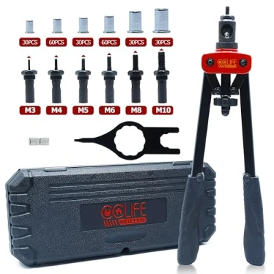 Immagine di CCLIFE Rivettatrice Professionale con 240 Dadi per Rivetti M3 M4 M5 M6 M8 M10, Doppia Impugnatura Ergonomica, Set Completo