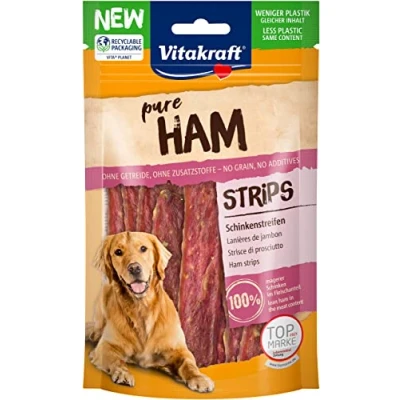 Immagine di Vitakraft snack di carne, Ham Strips, strisce prosciutto, leccornie carne per cani, in sacchetto richiudibile, senza l&#039;aggiunta zuccheri e cereali (1x 80g)