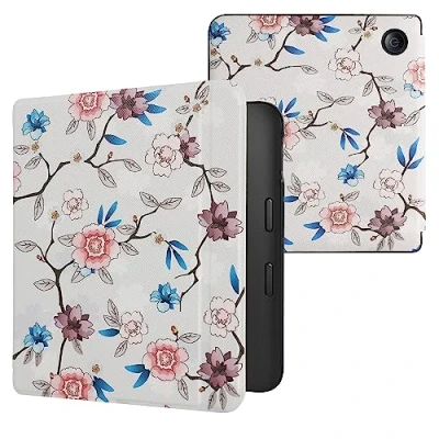 Immagine di kwmobile Custodia eReader Compatibile con Kobo Libra 2 Cover eBook Reader Flip Case bianco/rosa/blu Fiori e Foglioline