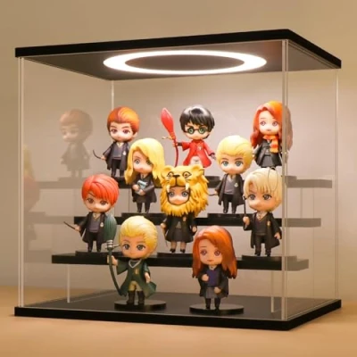 Immagine di Vetrina in Acrilico Trasparente con LED e Interruttore, Teca Plexiglass Contenitori Scatola per Collezionismo, Modellismo, Minifigure, Statuette (Nero, 4 Livelli, 30x22,5x28 cm)
