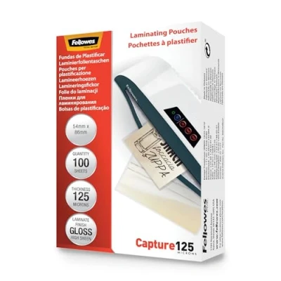 Immagine di Fellowes Pouches per plastificazione documenti,formato 54 x 86mm,finitura lucida, confezione da 100 pezzi,250 micron,2x125 micron,Finitura di alta qualità, adatti documenti piccolo formato