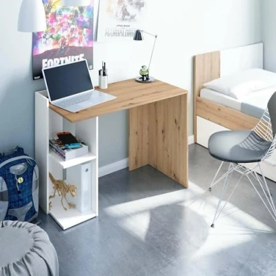 Immagine di Dmora Scrivania ad Angolo Reversibile modernaper Ufficio e Studio con scaffale, Tavolo da Computer,Scrittoio PC, cm 98,5x50h77, Bianco Rovere Nodi