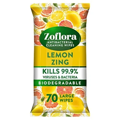 Immagine di Zoflora Salviette Detergenti Antibatteriche Multisuperficie Lemon Zing 70 Grandi, Bianco