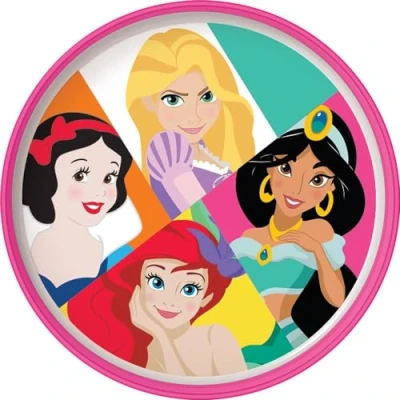 Immagine di Disney Piatto piano bianco e rosa per bambine in plastica Principesse Biancaneve Ariel Jasmin Rapunzel con base antiscivolo