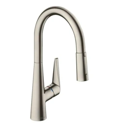Immagine di Hansgrohe 73851800 Miscelatore monocomando da cucina, altezza comfort 200 mm, con doccetta estraibile e tubo flessibile, finitura in acciaio inox, Auslaufhöhe 200mm