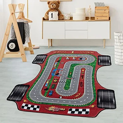 Immagine di Tappeti per bambini, colore rosso, auto da corsa su pista, 105279, tappeto rettangolare, camera dei 100 x 150 cm