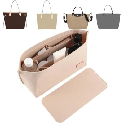 Immagine di Doxo Set di 2 organizer per borse e base modellante, in feltro, grande, con cerniera, 3 misure, adatto Speedy Neverfull MM altro (combinazione beige L)