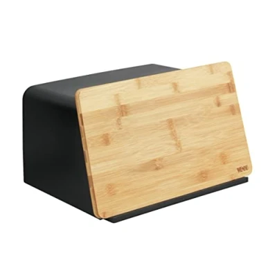 Immagine di WENKO Scatola per il pane con coperchio in bambù Kubo, contenitore pane, tagliere Bambù, Plastica 35x20,5x26 cm, nero marrone