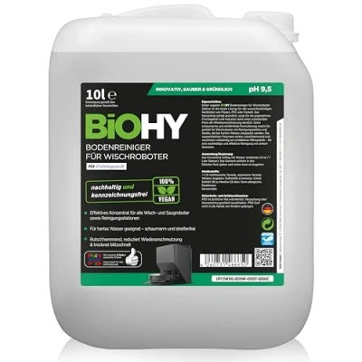 Immagine di BiOHY detergente per pavimenti robot, stazione con profumo primaverile (contenitore da 10 litri), concentrato tutti i robot pulitore e aspirapolvere funzione bagnata, braccio di