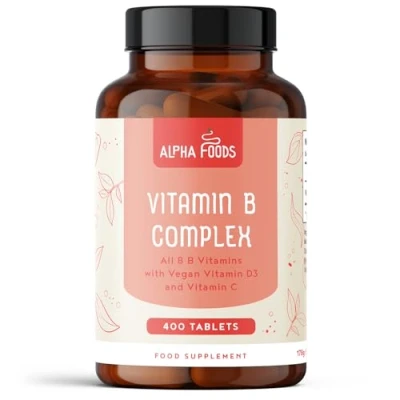 Immagine di vitamina B Complex 400 compresse vegane alto dosaggio Multivitaminico con B1, B2 B3, B5, B6, B12, B9 biotina, B7 acido folico, C e D3 Supporto energetico immunitario Alpha Foods