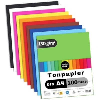 Immagine di perfect ideaz 100 fogli carta colorata in formato A4, Cartoncini di carta, colorazione integrale, disponibili 10 diversi colori, spessore 130 g/m², bricolage alta qualità