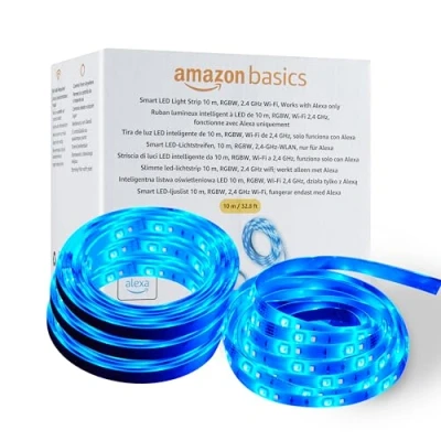 Immagine di Amazon Basics Striscia luminosa LED intelligente da 10 m, RGBW, Wi Fi 2,4 GHz, compatibile solo con Alexa, Multicolore