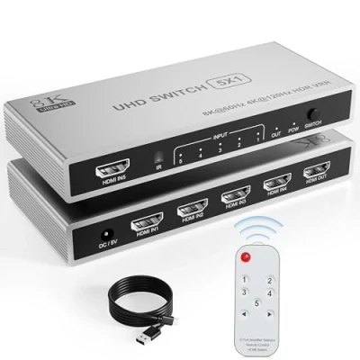 Immagine di Switch HDMI 5 in 1 Out 8K 60Hz, Commutatore Porte con Telecomando, Selettore Supporta 3D HDR10 HDCP2.3 VRR, 2.1 Switcher Sdoppiatore per PS5/4 Laptop DVD Blu Ray Xbox Roku HDTV