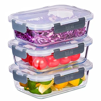 Immagine di Igluu Meal Prep Contenitori in vetro con coperchio a scatto prova di perdite, ermetico per il alimentari, senza BPA, utilizzabile nel microonde, forno e lavastoviglie, 1050 ml (confezione da 3)