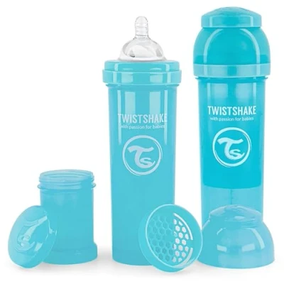 Immagine di Twistshake 2x Biberon Anticolica Con Contenitore Per Il Latte In Polvere E Miscelatore 330ml, Tettarella Silicone A Flusso Rapido, Senza BPA, 4+Mesi, Blu