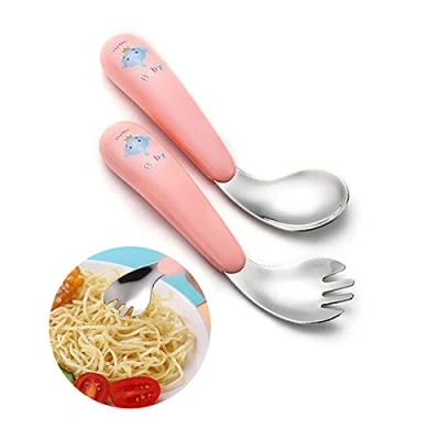 Immagine di Set Posate Bambini Curvo Cucchiai ​Forchette Forchette Cucchiaio Utensili Addestramento L&#039;Alimentazione Manico Resistente Calore, Autodidatta (rosa)