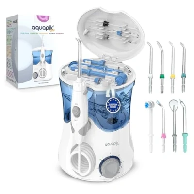 Immagine di Aquapik Pro idropulsore dentale Professionale. Include: 8 ugelli, 10 livelli di potenza. Capacità 600 ml. Consigliato dai dentisti per tutta la famiglia (Bianco)