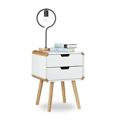 Immagine di Relaxdays Comodino a 2 cassetti mobiletto in legno cassettiera camera da letto salvaspazio HxLxP: 55 x 40 cm bianco