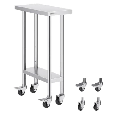 Immagine di VEVOR Tavolo da Lavoro in Acciaio Inossidabile 610 x 350 954 mm, con 4 Ruote, 3 Livelli di Altezza Regolabili, Resistente per Preparazione Alimenti Ristoranti Cucina Commerciale, Argento