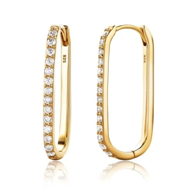 Immagine di Miore Orecchini Donna Argento Placcati Oro Giallo 18KT, cerchio Ovale in 925 e fila di Zirconi. Orecchino Classico anallergico.