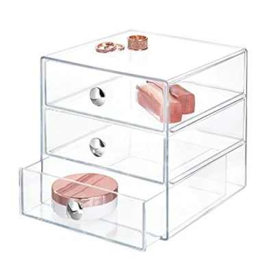 Immagine di iDesign Porta trucchi con 3 cassetti, Mini cassettiera per trucco, gioielli e cosmetici, Organizzatore in plastica a forma di cubo, trasparente