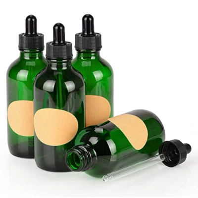 Immagine di stonylab 4 Pack Flaconi Contagocce in Vetro, Flacone Vetro Vuoto con Affusolato, Tappo Interno e Etichetta per Oli Essenziali, Fragranze Aromaterapia (120 ml, Verde)