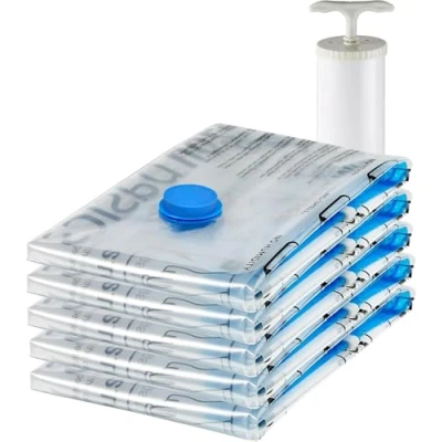 Immagine di Amazon Basics Sacchetti sottovuoto con pompa a mano, Cerniera, misura Medio, confezione da 5, Trasparente