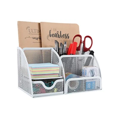Immagine di EasyPAG organizer da scrivania in rete per ufficio, versatile, cancelleria, portapenne con cassetto, bianco