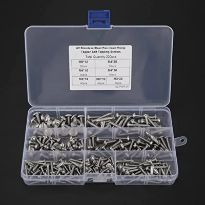 Immagine di 220 pz M3 M4 M5 Viti Autofilettanti a Testa Bombata in Acciaio Inox 304 Set con Kit di Assortimento Scatole