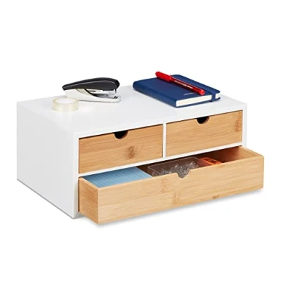Immagine di Relaxdays Organizer da Scrivania, bambù e MDF, Portaoggetti Salvaspazio con 3 Cassetti, HLP 14x33x21 cm, Bianco/Naturale, 60% 40% Fibra di Legno