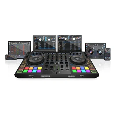 Immagine di Reloop Mixon 8 Pro 4 Kanal Controller multipiattaforma per Serato e djay, display a ghiera tastiere effetti istantanei, doppia interfaccia audio con USB C missaggio stand alone
