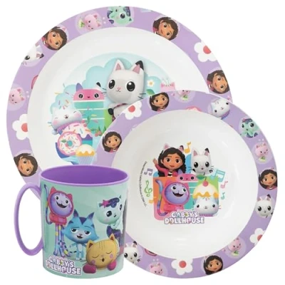 Immagine di Sorrisini Set Stoviglie Riutilizzabili Per Bambini Gabby, Piatti Plastica Asilo, Scoula, Piatto, Ciotola, Tazza 350ml, Svezzamento Prima Pappa Bebé Andata Microonde, Gabby Space