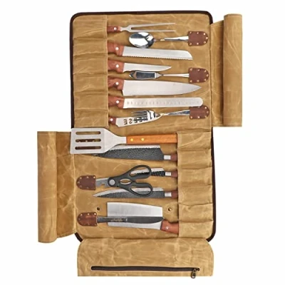Immagine di Tourbn Tourbon Borsa arrotolabile per coltelli da chef, 12 scomparti, in tela cerata e pelle, portatile, Organizer utensili cucina, Marrone, 65*39.5cm (unfold), borse