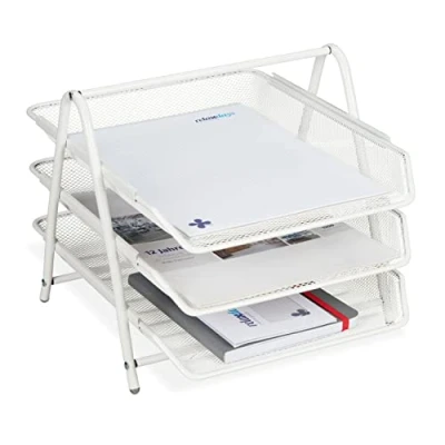 Immagine di 2x Vaschetta Portadocumenti in Metallo, 3 Vassoio, Design a Griglia, Portalettere A4, 26,5x29,5x35,5 cm, Bianco