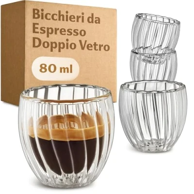 Immagine di Cosumy Tazza Caffè Doppio Vetro 4 per Espresso 80ml Isolamento Termico Effetto Galleggiante Design Scanalato Resistente Al Calore Lavabile In Lavastoviglie