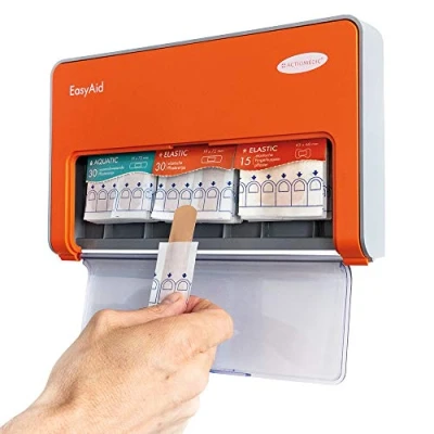Immagine di ACTIOMEDIC I EasyAid Standard II distributore di cerotti, Include 75 pz cerotto, Con sistema Kanban e accessori montaggio a parete, Arancione