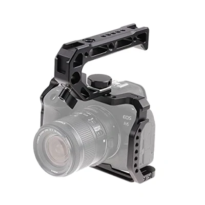 Immagine di Hersmay gabbia R5 R6 con manico superiore, per fotocamera in lega di alluminio fotocamere mirrorless Canon EOS R6, montaggio da 1/4&quot; e foro localizzazione Arri 3/8&quot;