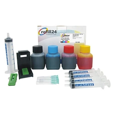 Immagine di refill24 Kit di ricarica compatibile per cartucce d&#039;inchiostro HP 304, 304 XL nero e a colori, con clip accessori + 200 ml inchiostro