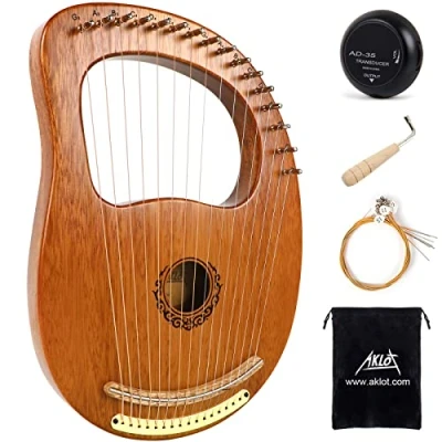 Immagine di AKLOT 16 corde in metallo arpa lira mogano liscivia con chiave per accordare Pick UP extra Custodia nera