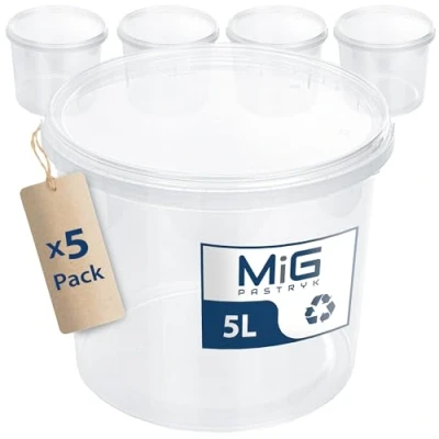 Immagine di MIG Secchio trasparente con coperchio, 5 l, x ermetico e adatto per alimenti, in plastica impilabile, uso domestico industriale, ideale riporre conservare