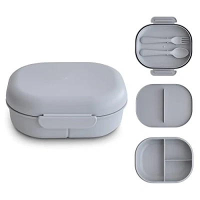 Immagine di mushie Lunch Box Porta Merenda bambini Scuola Schiscetta Pranzo Portapranzo Divisori e scomparti Con coperchi chiudibili a chiave posate forchetta cucchiaio (Cloud)
