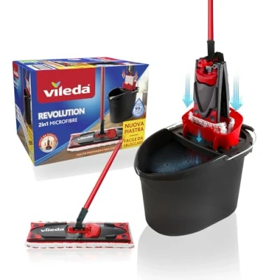 Immagine di Vileda Revolution Box, Sistema Lavapavimenti Con Secchio E Piastra Piatta, 2 Panni In Microfibra, Per Tutti I Tipi Di Pavimento, Manico 3 Pezzi, Nero/Rosso, ‎40 x 28.3 28.5 cm, 1.53 Kg