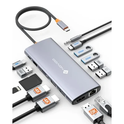 Immagine di NOVOO 14 in 1 docking station Dual Monitor, Hub USB C a HDMI, Displayport, Ethernet RJ45, 100W PD, 3.0/2.0, SD/TF e Audio, per MacBook HP Dell