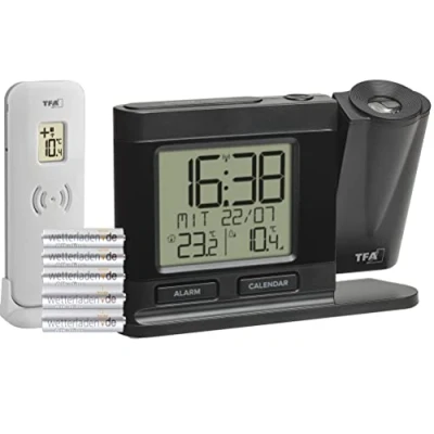 Immagine di TFA Dostmann Sveglia radio 60.5018.01 con trasmettitore esterno digitale alimentatore di rete, proiezione 270, dimmerabile, orologio da camera letto, nero, lunghezza 149 x larghezza 38