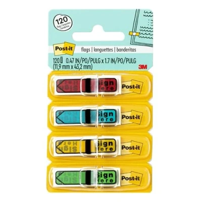 Immagine di Post it Bandiere messaggi, firma qui, colori assortiti, freccia grassetto punti precisamente dove hai bisogno di un documento firmato, 47 pollici larghezza, 30/dispenser, 4 dispenser/confezione,