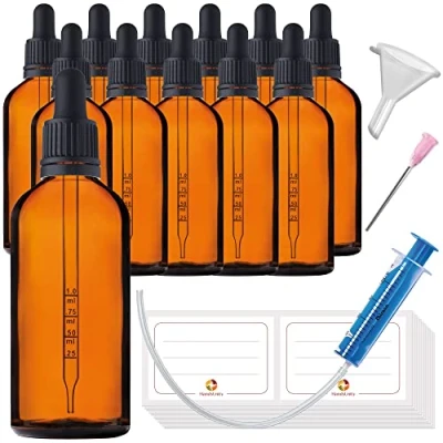 Immagine di HandsUnity 100ml 12pz Bottiglia Pipetta Piccola di Vetro set Vasetti da Farmacia in Ambrato con Tappo Nero per include 29pcs Accessori Bottiglie Marrone