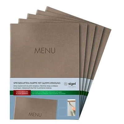Immagine di SIGEL SM210 Set di 5 Portamenù con cordino elastico e 2 tasche trasparenti per 8 fogli DIN A4, stampa del menù, beige scuro
