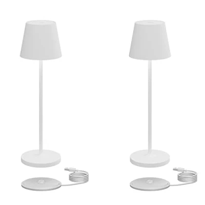 Immagine di Klighten 2 Pezzi Lampada LED Dimmerabile da Tavolo, Ricaricabile Luce calda 3000K Scrivania in Alluminio, H38cm, Bianco, IP54, con Base di Ricarica Contatt, per Interni/Esterni