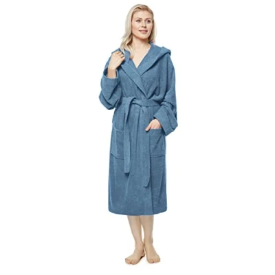Immagine di Arus Accappatoio da donna con cappuccio, lunghezza al polpaccio, 100% cotone spugna, Taglia donna: M, unisex: S Blu Grigio