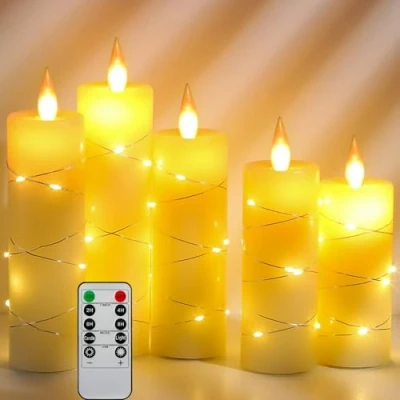Immagine di candele LED di Da by, con luci a corda incorporate, in 5 pezzi, telecomando 10 tasti, funzione timer 24 ore, fiamma danzante, cera reale, alimentazione batteria